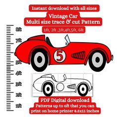 a red race car with numbers on the front and side, as well as an info sheet