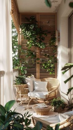 a balcony with wicker furniture and potted plants