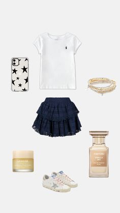 the contents of a white shirt, skirt and shoes