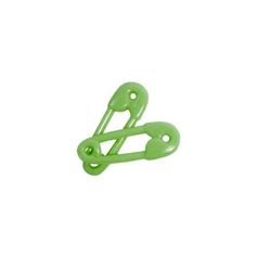 two green plastic clips with holes on each side and one hole in the middle, against a white background