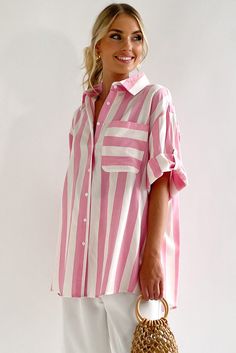 Striped Button Up Rolled Sleeves Shirt Striped Button-up Shirt For Day Out, Spring Striped Shirt With Buttons, Summer Collared Blouse With Buttons, Pink Button-up Shirt For Day Out, Summer Blouse With Collared Shape And Buttons, Striped Button-up Vacation Shirt, Spring Striped Shirt With Button Closure, Striped Button-up Beach Shirt, Striped Summer Shirt With Buttons