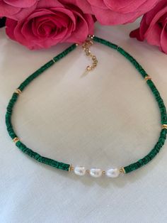 This charming and elegant Necklace is made of Natural malachite - 4 mm x 2 mm , Natural Freshwater Pearl 5 -7 mm, gold-plated Hematite beads and gold plated steel beads. Finished with gold-plated steel elements that guarantee the durability of the jewelry.  Its light appearance makes it suitable for any outfit, for casual like a jeans and a white t-shirt, and more formal outfit or just the "little black dress". *The necklace has a length of approximately 40 cm + 7 cm extension * green malachite Pearl Necklace Choker, Hematite Beads, Freshwater Pearl Necklaces, Elegant Necklaces, Wedding Jewellery Necklace, Wedding Necklace, Fresh Water, Ideal Gift, Freshwater Pearls