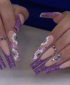 Purple Nails With Rhinestones Bling, Purple Nail Sets, Pink Bling Nails Rhinestones, Purple Nail Inspo Acrylic, Buchona Nails, Purple Nail Art, Purple Acrylic Nails, Purple Nail Designs