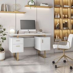 a white desk with a computer on top of it next to a chair and potted plant