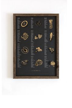 a black and gold framed poster with different types of pins on it's side