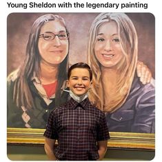 a man standing in front of a portrait of two women