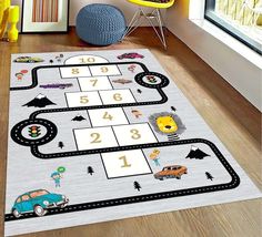 a children's rug with cars and numbers on it