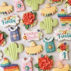 decorated cookies are arranged in the shape of cactus, flowers and potted cacti