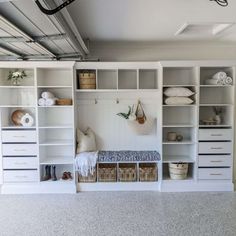 How To Store Shoes In Garage, Garage Laundry Organization, Garage Organization Mudroom, Modern Garage Organization, Couch In Garage, Garage Coat Closet, Garage Converted To Mudroom, Storage Room Cabinets, Multipurpose Garage Ideas