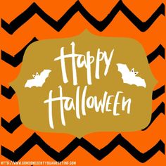 a happy halloween card with bats on an orange and black zigzag background