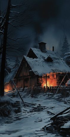 a painting of a cabin in the woods with flames coming out of its chimneys