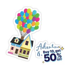 a sticker with balloons flying over a house and 50 % off the sale sign