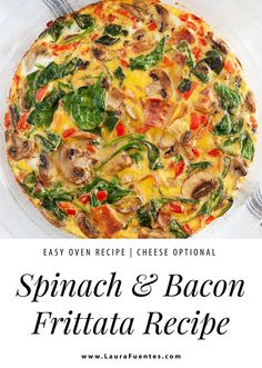 spinach and bacon frittata recipe on a white plate with text overlay