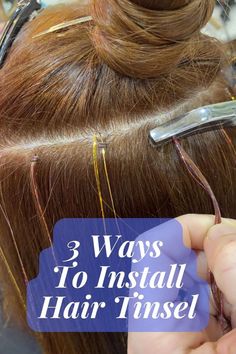 Colorful Hair Strands, Tensile In Blonde Hair, How To Remove Tinsel From Hair, How To Tie Hair Tinsel In Hair, Hair Tinsel Removal, Tensile Hair Ideas