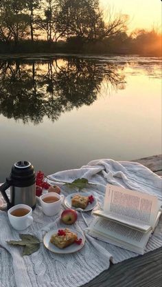 an open book and cup of tea on a picnic blanket next to a lake at sunset