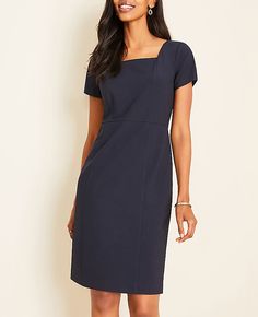 Elevate your wardrobe with the Ann Taylor Petite Square Neck Sheath Dress, a testament to timeless elegance and comfort. This dress is designed to flatter with its expertly seamed contours and a classic square neckline.

- Size: Petite 00
- Color: Perfect Navy
- Material: Shell - 48% Polyester, 48% Viscose, 4% Elastane; Lining - 100% Polyester
- Gender: Female
- Fit: Tailored fit
- Length: Hits at knee, approximately 22" from natural waist
- Features: Short sleeves, hidden back zipper with hook- Petite Suits, Pant Suits For Women, Dress For Petite Women, Dress Pant Suit, Work Dresses For Women, Square Neck Dress, Feminine Dress, Ann Taylor Dresses, Business Dresses