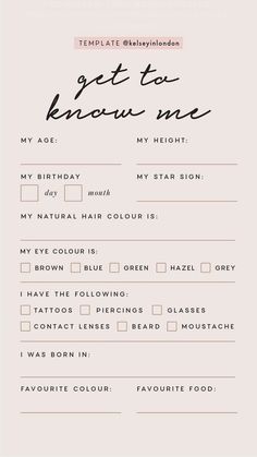 a printable birthday party checklist with the words get to know me on it