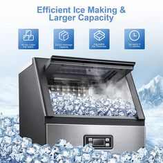 an ice maker is shown with the words efficient ice making and larger capacity on it