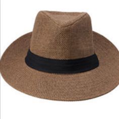 Never Worn. Excellent Condition. Classic Brown Sun Hat For Beach, Classic Brown Sun Hat For The Beach, Classic Brown Summer Fedora, Classic Brown Brimmed Sun Hat, Beige Casual Panama Hat For Fall, Brown Flat Brim Fedora For Spring, Spring Brown Flat Brim Fedora, Classic Brown Panama Hat For Vacation, Casual Beige Panama Hat For Fall