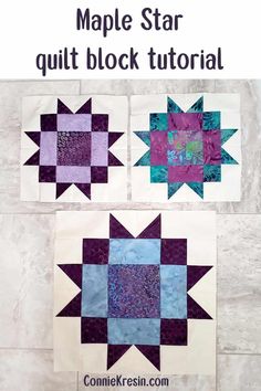 two quilt blocks with the text maple star quilt block pattern on top and below them