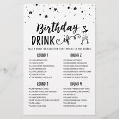 a black and white birthday drink list