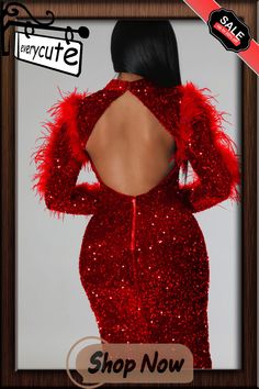 the back of a woman's red sequin dress