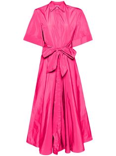 hot pink taffeta spread collar short sleeves turn-up cuffs front bow fastening pleat detailing flared hem unlined front button fastening Belted Maxi Dress, City Dress, Pink Maxi Dress, Polyester Dress, Summer Beach Wear, Ballet Flat Shoes, Modest Outfits, Jacket Tops, Denim Dress