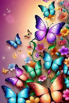 a bunch of butterflies flying around on a purple and yellow background with some pink flowers in the foreground