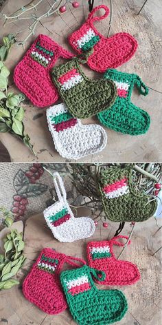 crocheted christmas stockings and mitts are on display