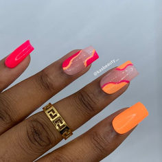 pink and orange swirl set Gel Nails With Orange, Summer Nail Designs Natural Nails, Neon Colour Nails, Bright Colour Nails Acrylic, Summer Nails Square Acrylic, Nails Neon Pink And Orange, Neon Holiday Nails Summer, Neon Orange And Neon Pink Nails, Nails For Holiday Summer Short