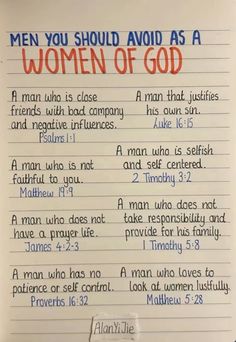 a piece of paper with writing on it that says men you should avoid as a women of god