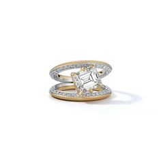 two tone gold and diamond ring with an emerald cut center surrounded by round brilliant pave diamonds