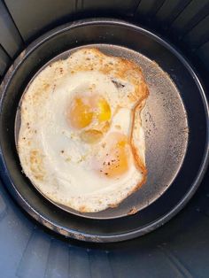 two fried eggs in a frying pan on the stove