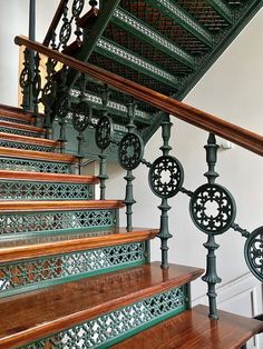 Iron And Wood Railing, Staircase Spindle Ideas, Curving Staircase, Art Deco Staircase, Hotel Stairs, Butcherblock Countertops, How To Start Painting, Stair Banister, Handrail Design