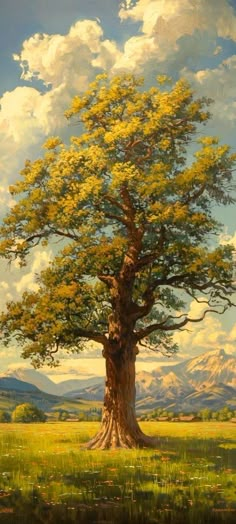 a painting of a tree in the middle of a field with mountains in the background