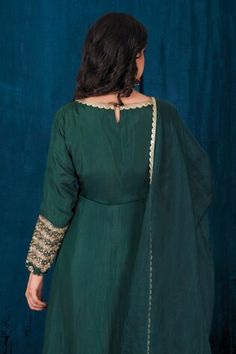 Green anarkali intricately hand-embroidered with pitta, dabka and aari work on neckline. Paired with straight pant and dupatta. - Aza Fashions Long Sleeve Chanderi Anarkali Set With Dori Work, Long Sleeve Anarkali Set With Dori Work For Diwali, Green Anarkali Set With Dori Work And Long Sleeves, Anarkali Unstitched Suit With Zari Work, Anarkali Unstitched Suit With Cutdana For Diwali, Festive Floor-length Unstitched Suit With Cutdana, Long Sleeve Chanderi Churidar With Dori Work, Anarkali Unstitched Suit For Reception And Festivals, Anarkali Unstitched Suit With Pallu For Reception