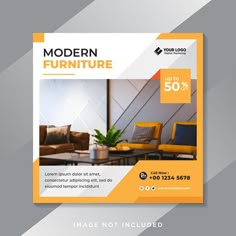 a modern furniture flyer is shown in yellow and gray colors, with an image of a couch