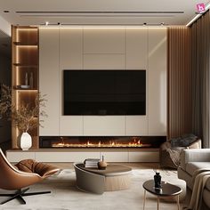 a modern living room with a fireplace and tv on the wall in front of it