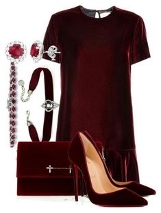 Burgundy Velvet Dress, Red Outfit, Polyvore Outfits, Outfits Casuales, Colorful Fashion, Couture Fashion, Christian Louboutin Pumps, Simple Outfits, Polyvore Fashion