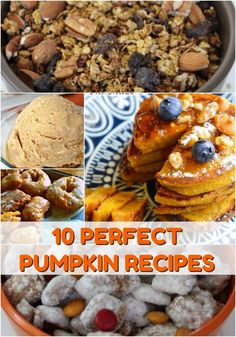 the top ten pumpkin desserts with text overlay that reads, 10 perfect pumpkin recipes