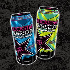 two cans of rock star energy drink against a black background with graffiti designs and stars