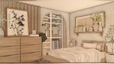 a bedroom with a bed, dresser and shelves