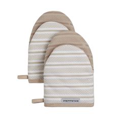 two oven mitts in beige and white stripes