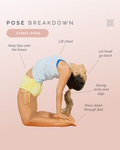 a woman is doing yoga poses with the words pose break down on her chest and knees