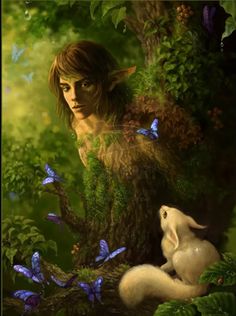 a painting of a girl and a white rabbit in the woods with butterflies around her