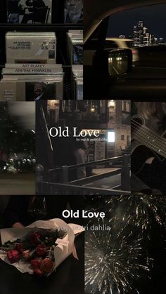 an old love album cover is shown in this collage with fireworks and flowers on the table