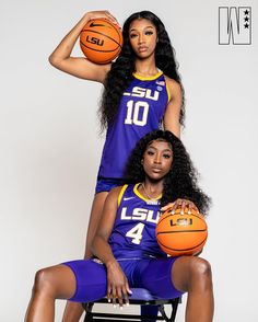 two women sitting on a chair holding basketballs and posing for the camera with their arms around each other