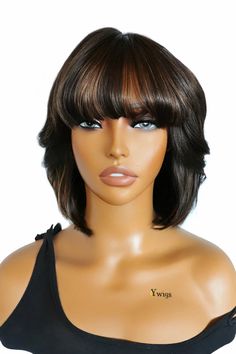 Beginner Wigs, Medium Bob With Bangs, Straight With Bangs, Straight Bob Hairstyles, Yaki Hair, Medium Bob, Bob With Bangs, Brown Highlights, Brown Hair With Highlights