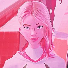 an animated image of a woman with blonde hair and blue eyes wearing a pink outfit