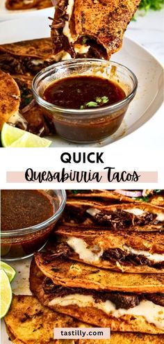 grilled quesadilla tacos on a plate with dipping sauce